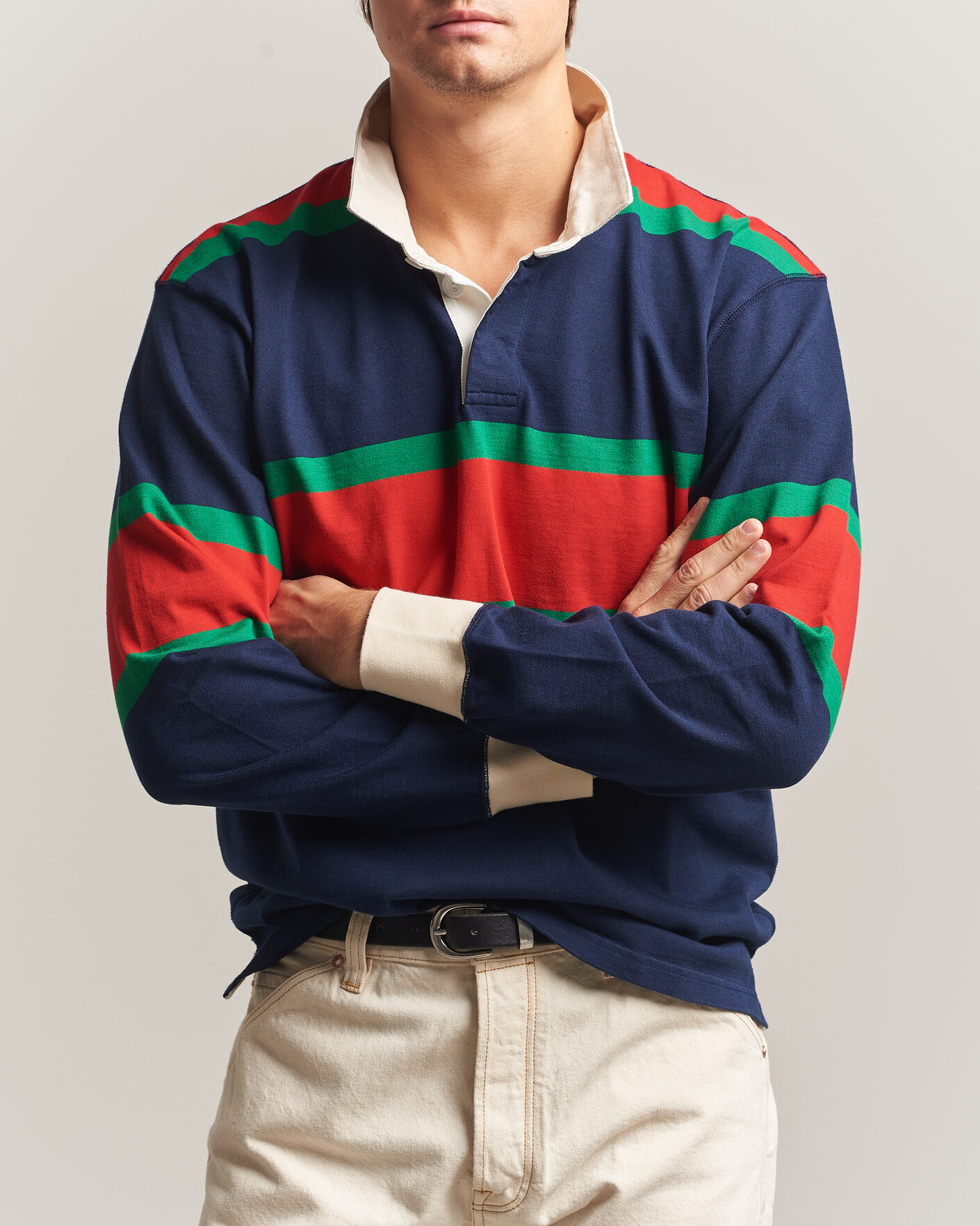 Uomini | Maglieria | Drake's | Middle Stripe Rugby Navy/Red/Green