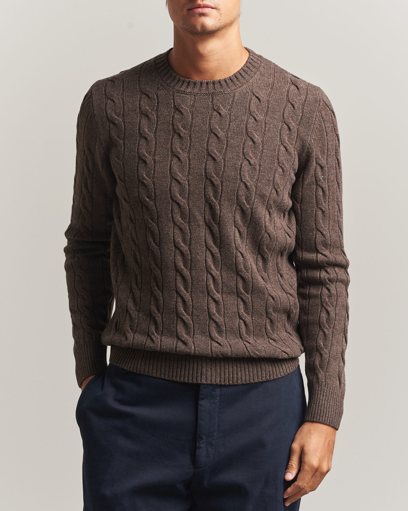 Uomini | Maglieria | Gran Sasso | Wool/Cashmere Cable Crew Neck Dark Brown Melange