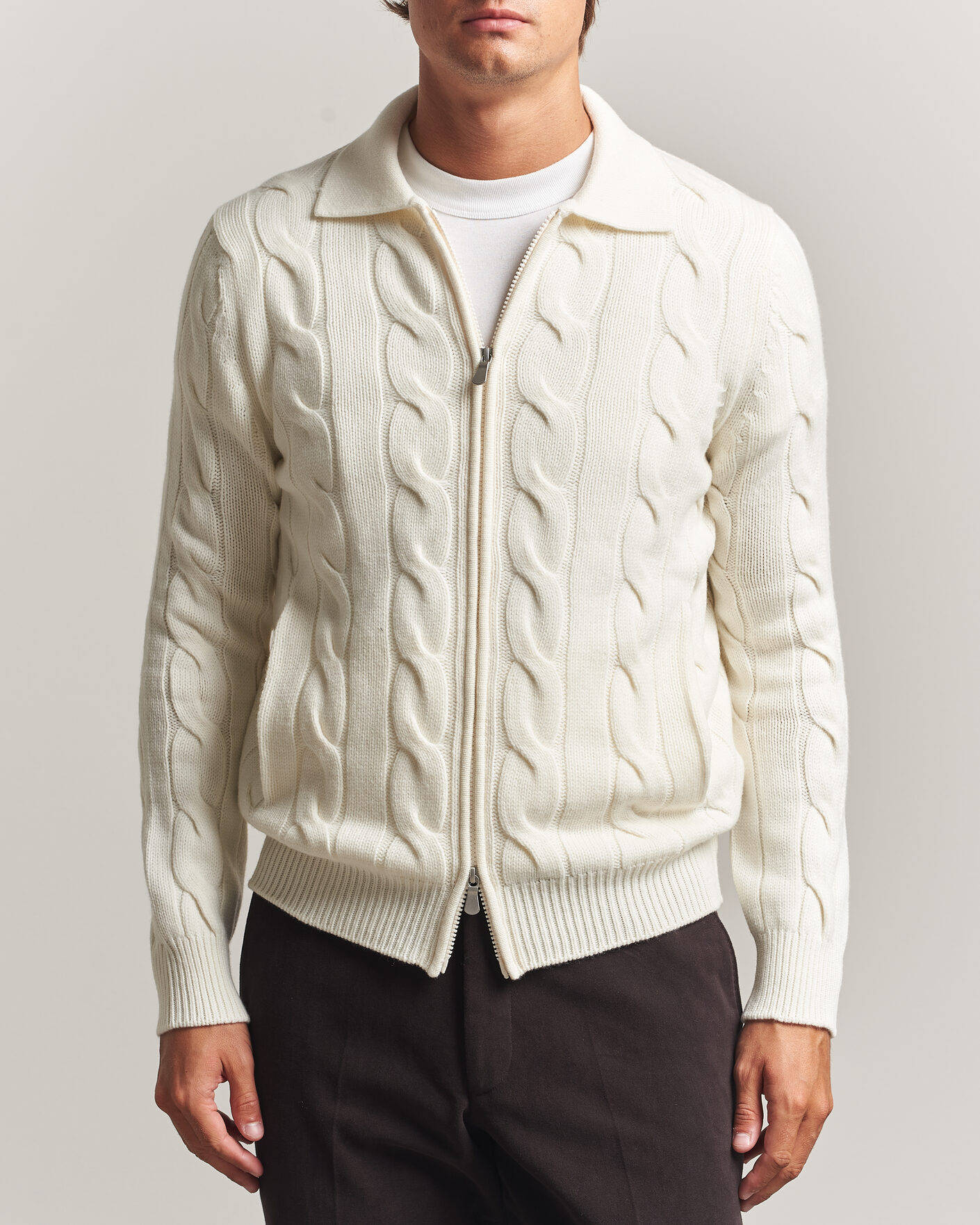 Uomini | Maglieria | Gran Sasso | Wool/Cashmere Cable Full Zip Cream