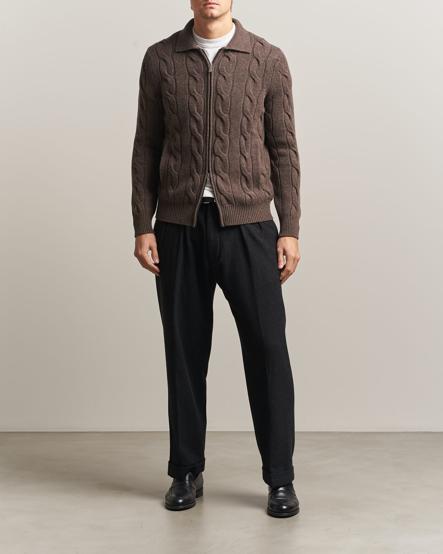Uomini | Maglieria | Gran Sasso | Wool/Cashmere Cable Full Zip Dark Brown Melange