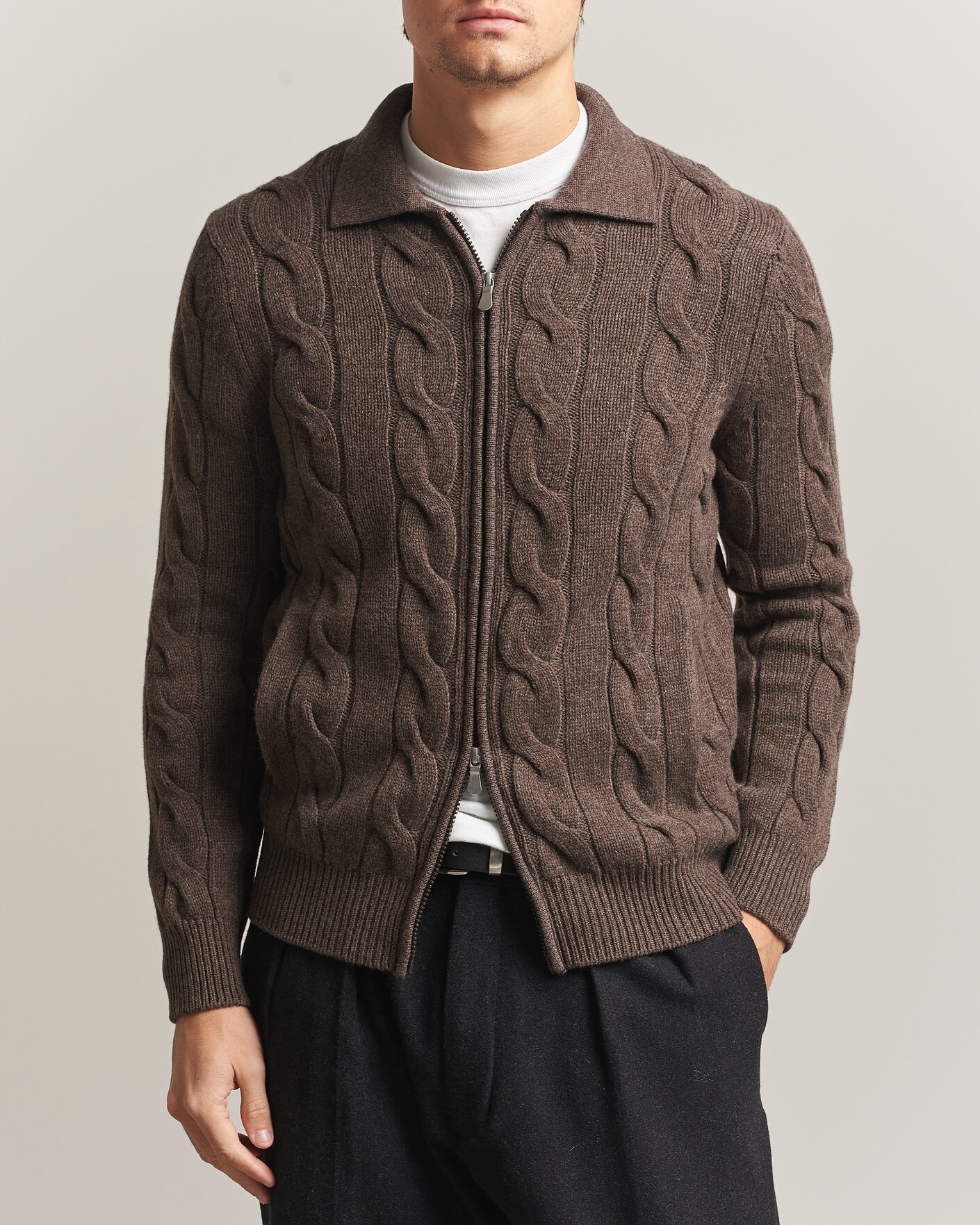 Uomini | Maglieria | Gran Sasso | Wool/Cashmere Cable Full Zip Dark Brown Melange
