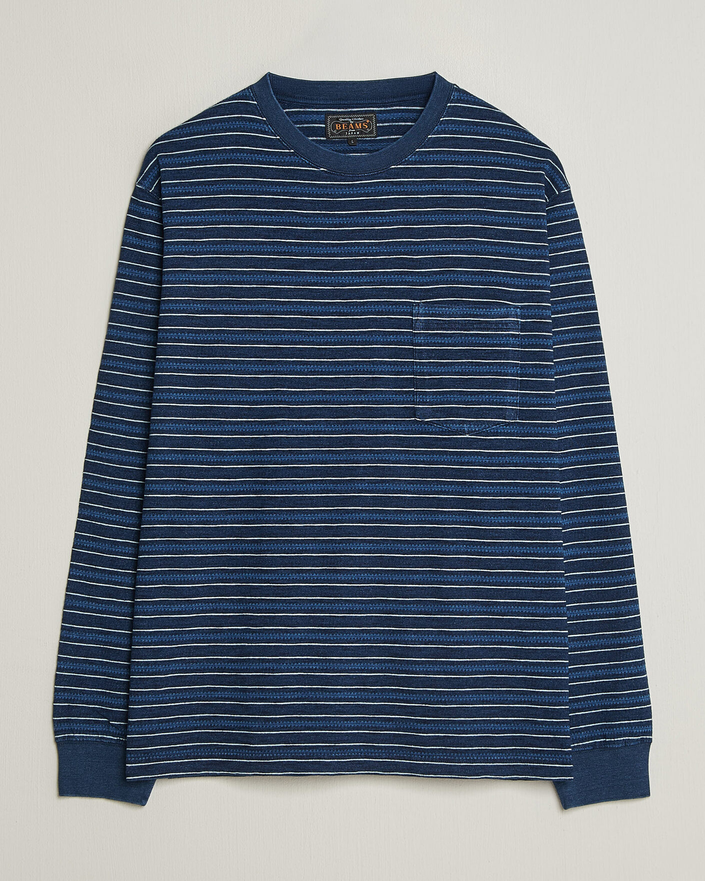 Uomini | T-shirt | BEAMS PLUS | Indigo Stripe LS T-Shirt Navy