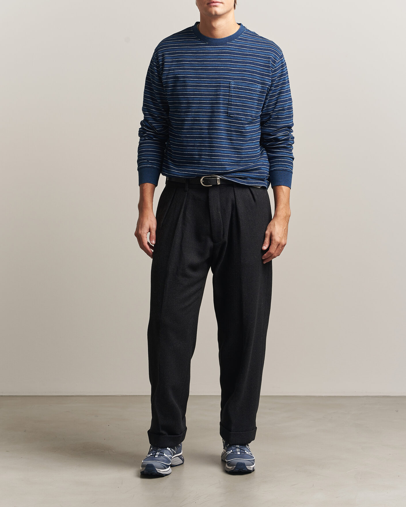 Uomini | T-shirt | BEAMS PLUS | Indigo Stripe LS T-Shirt Navy