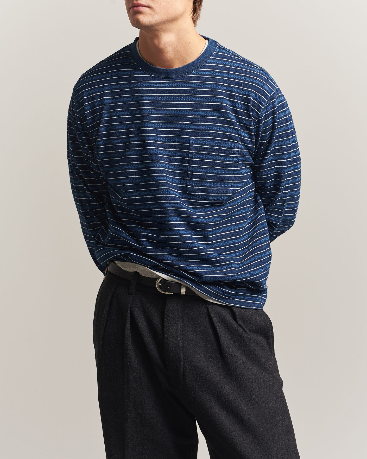 Uomini | T-shirt | BEAMS PLUS | Indigo Stripe LS T-Shirt Navy