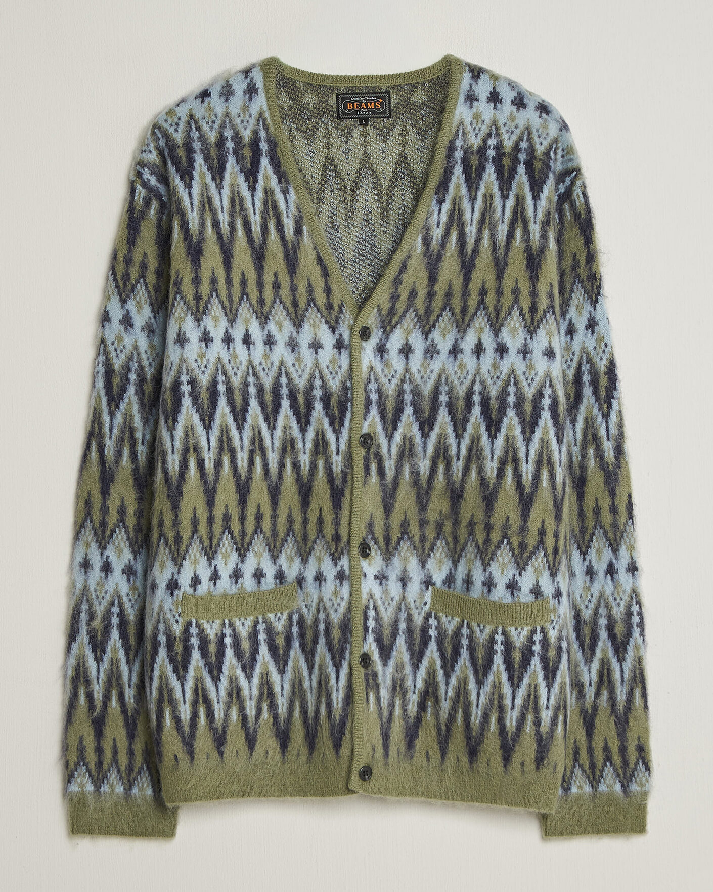 Uomini | Maglieria | BEAMS PLUS | Chevron Jacquard Cardigan Green/Grey