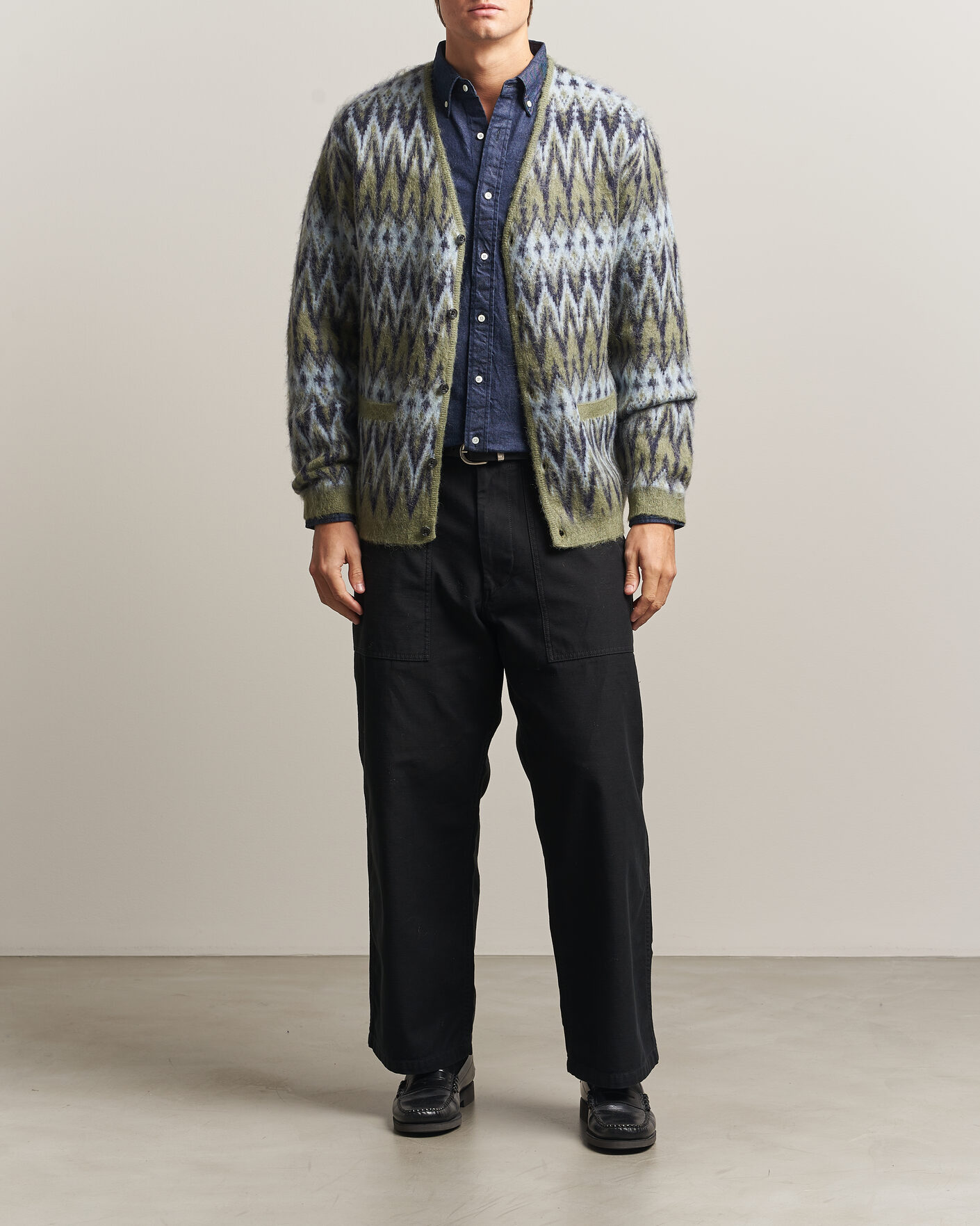 Uomini | Maglieria | BEAMS PLUS | Chevron Jacquard Cardigan Green/Grey