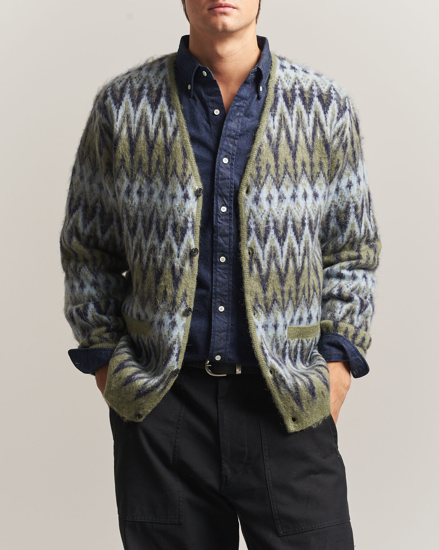 Uomini | Maglieria | BEAMS PLUS | Chevron Jacquard Cardigan Green/Grey