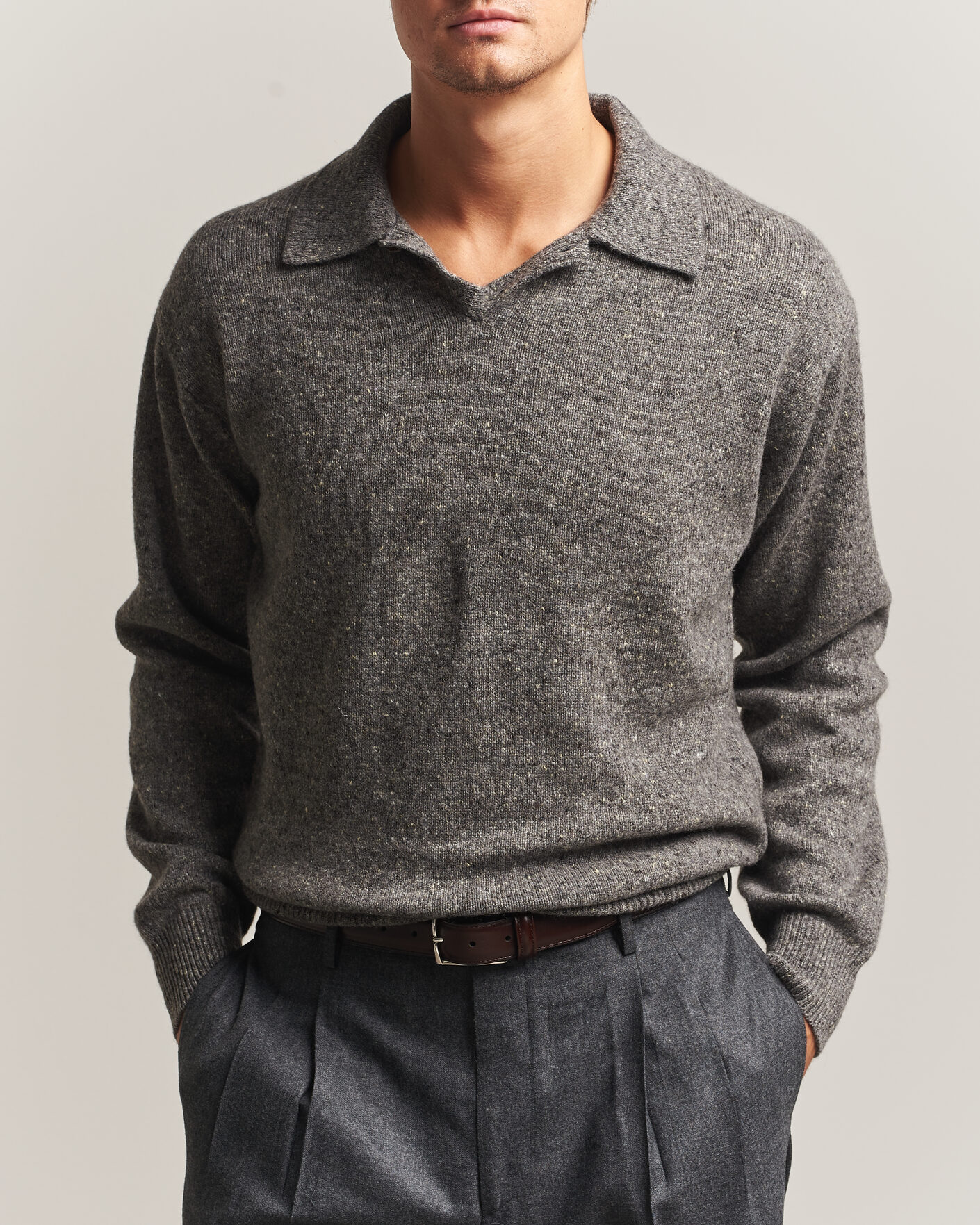 Uomini | Maglieria | Auralee | Cashmere Nep Knit Polo Mix Gray