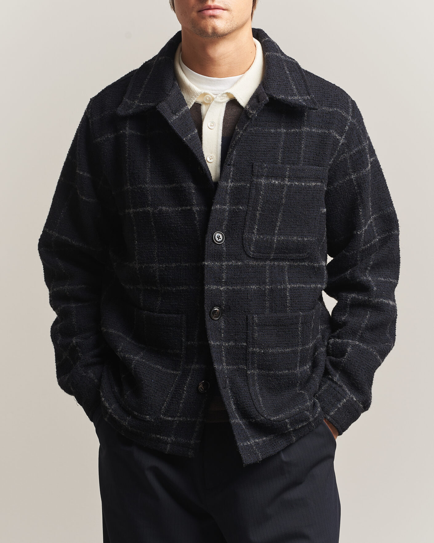 Uomini | Camicie | A Day's March | Algot Wool Checked Overshirt Navy