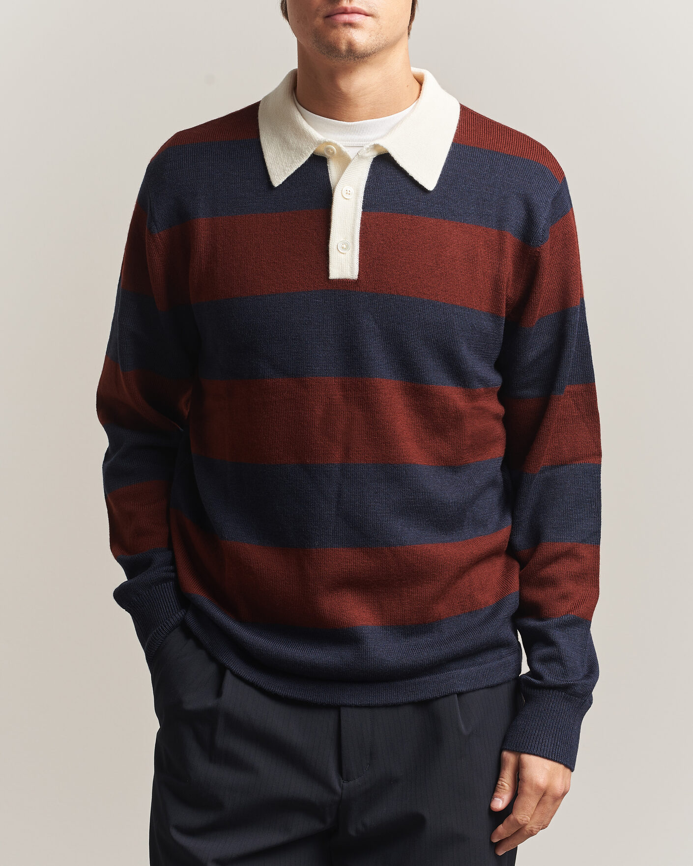 Uomini | Maglieria | A Day's March | Kenny Striped Merino Rugby Sweater Rust/Navy