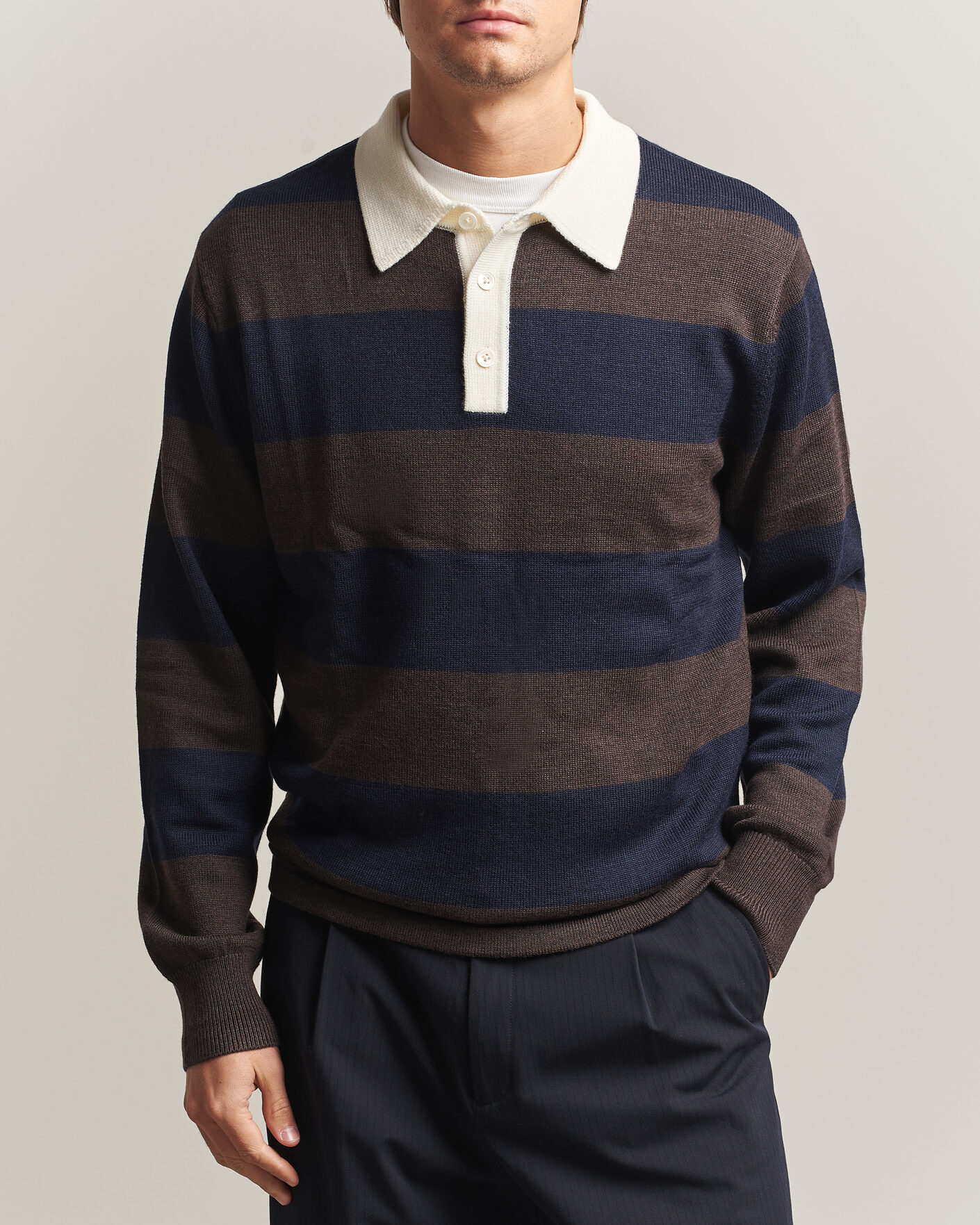 Uomini | Maglieria | A Day's March | Kenny Striped Merino Rugby Sweater Brown/Navy