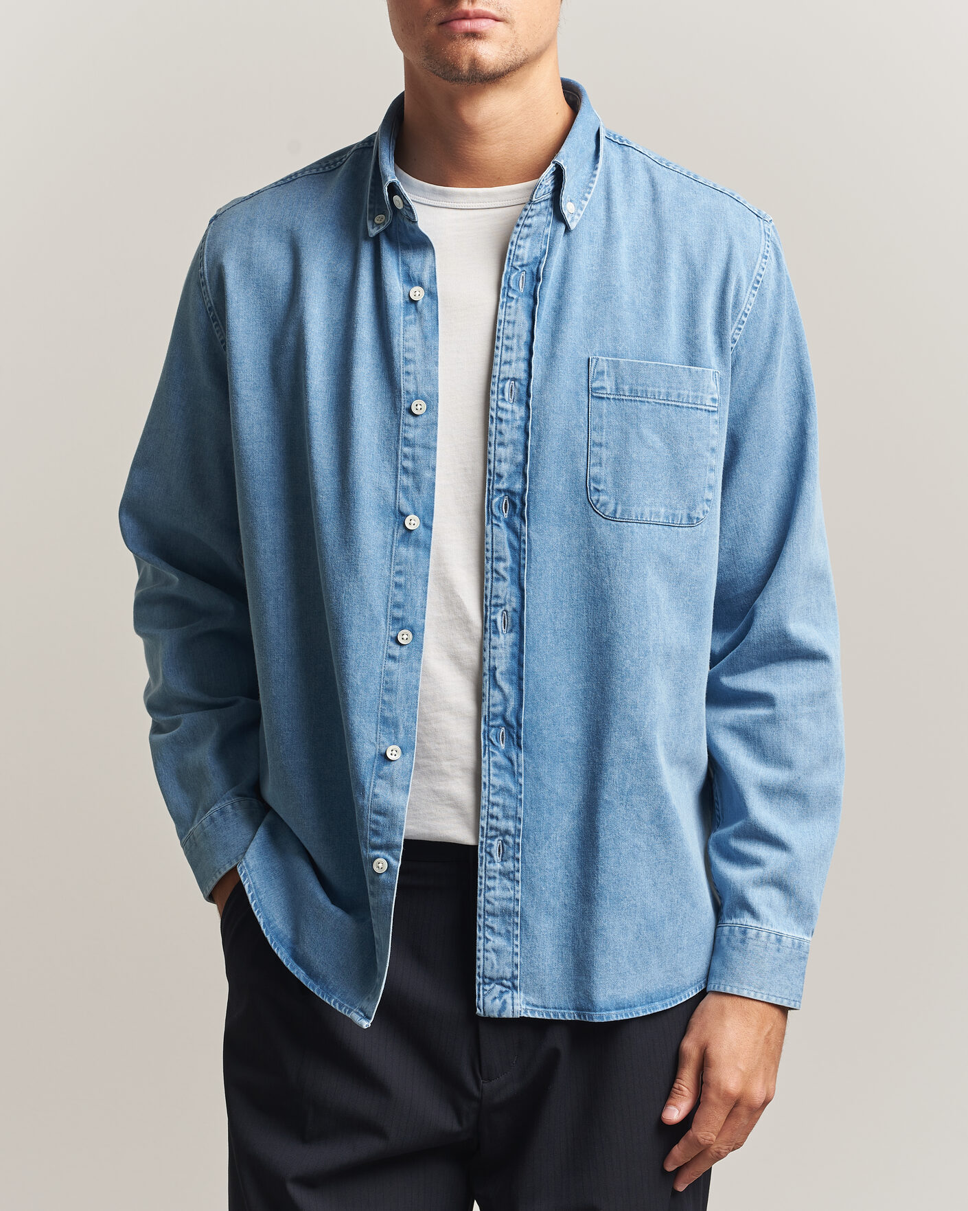 Uomini | Camicie | A Day's March | Original Button Down Denim Shirt Light Blue