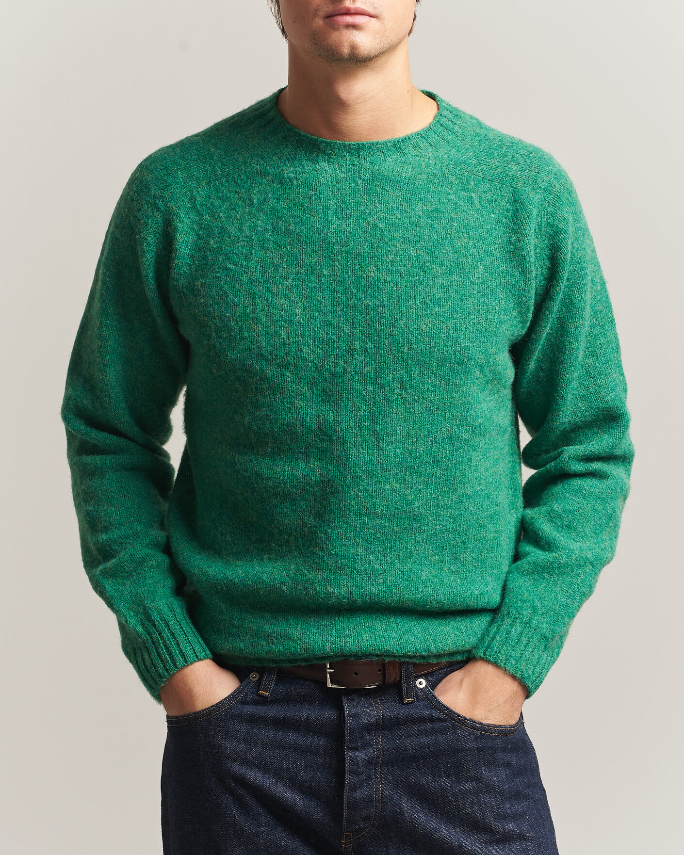 Uomini | Maglieria | Harley Of Scotland | Brushed Supersoft Lambswool Crewneck Evergreen