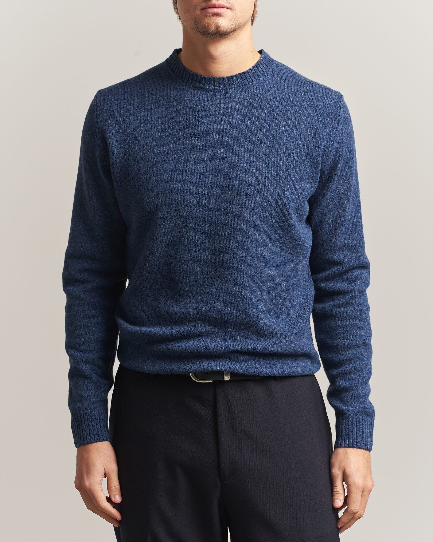 Uomini | Maglieria | Stenströms | Knitted Lambswool Crew Neck Indigo Melange