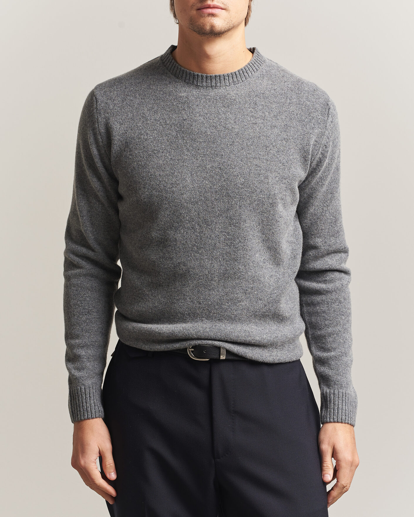 Uomini | Maglieria | Stenströms | Knitted Lambswool Crew Neck Mid Grey Melange