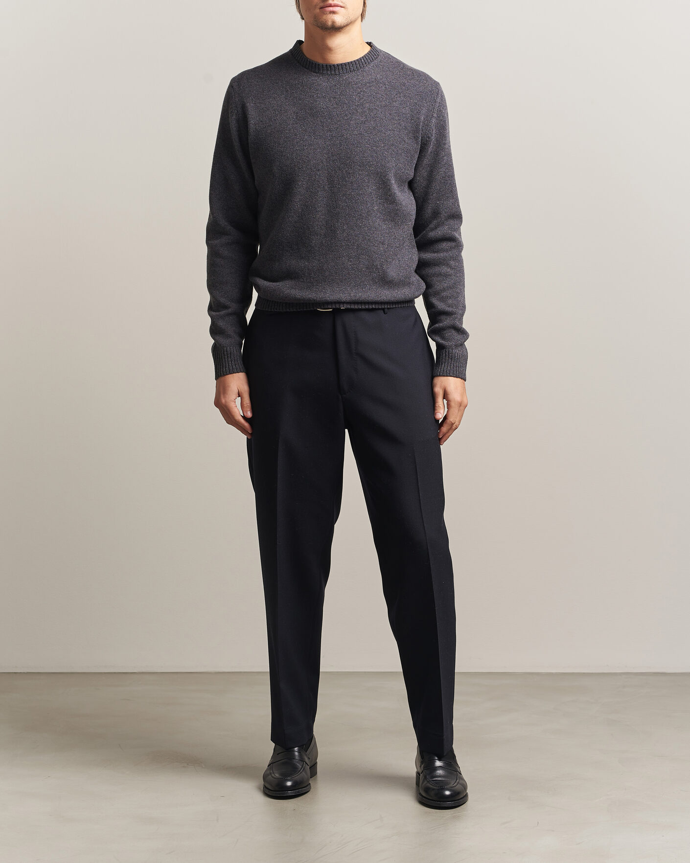 Uomini | Maglieria | Stenströms | Knitted Lambswool Crew Neck Dark Grey Melange