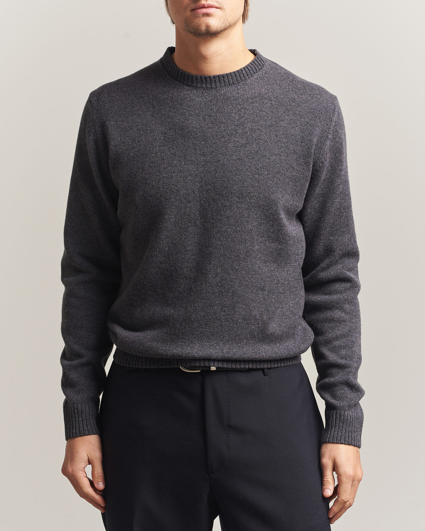 Uomini | Maglieria | Stenströms | Knitted Lambswool Crew Neck Dark Grey Melange