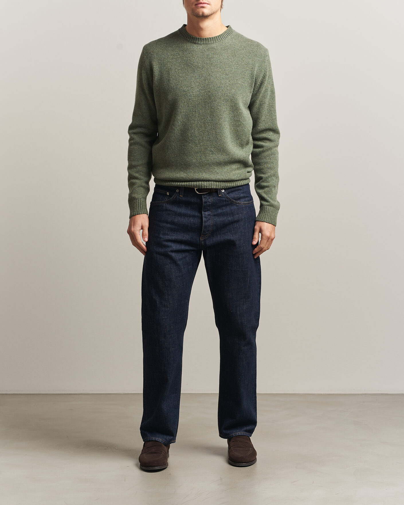 Uomini | Maglieria | Stenströms | Knitted Lambswool Crew Neck Light Army Green Melange