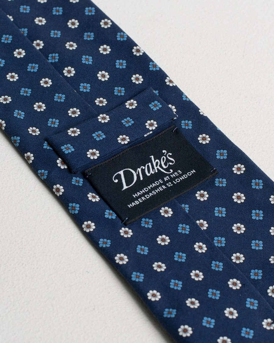 Uomini | Drake's Silk Printed Flower 8 cm Tie Navy | Pre-owned | Drake's Silk Printed Flower 8 cm Tie Navy