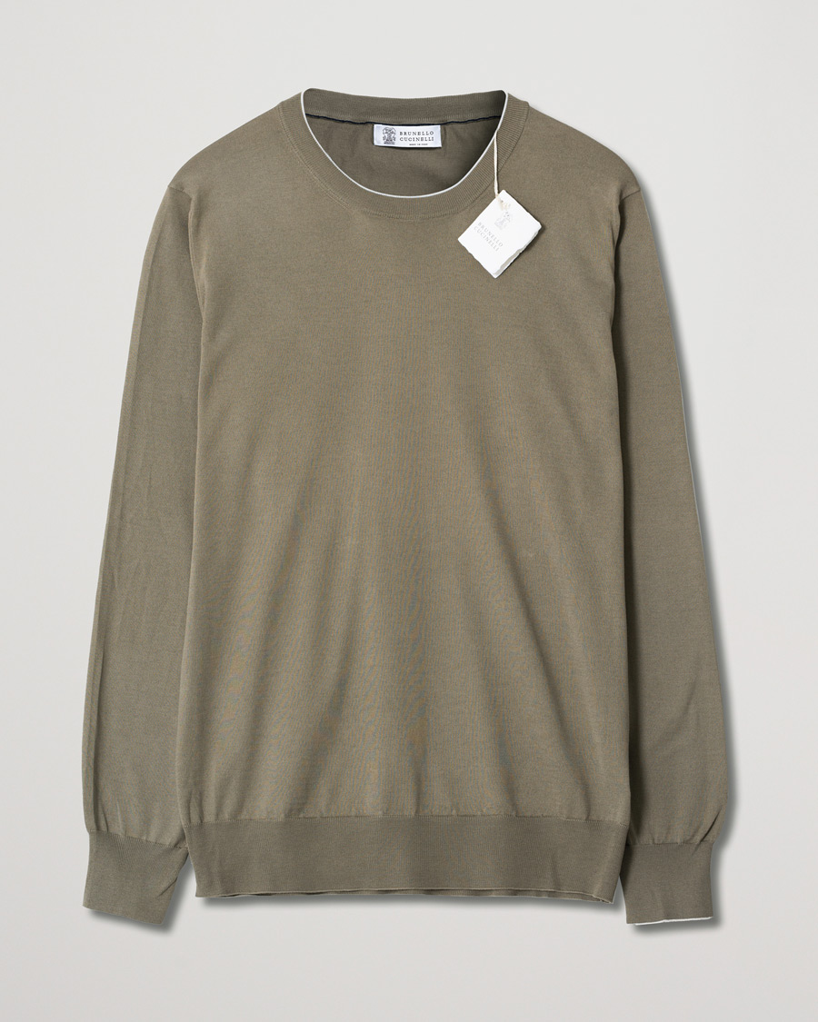 Uomini | Brunello Cucinelli Crew Neck Cotton Contrast Pullover Olive Green | Pre-owned | Brunello Cucinelli Crew Neck Cotton Contrast Pullover Olive Green