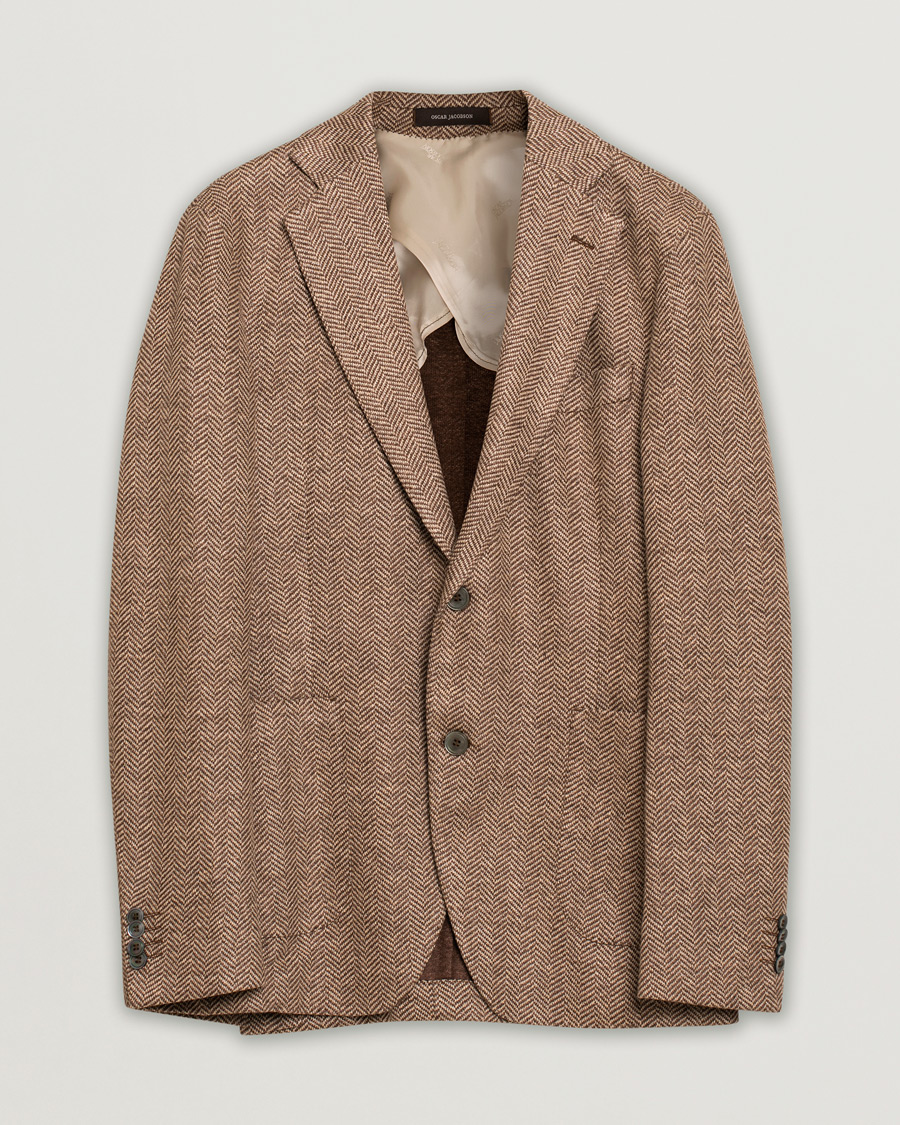 Uomini | Blazers | Pre-owned | Oscar Jacobson Egel Patch Herringbone Linen Blazer Brown