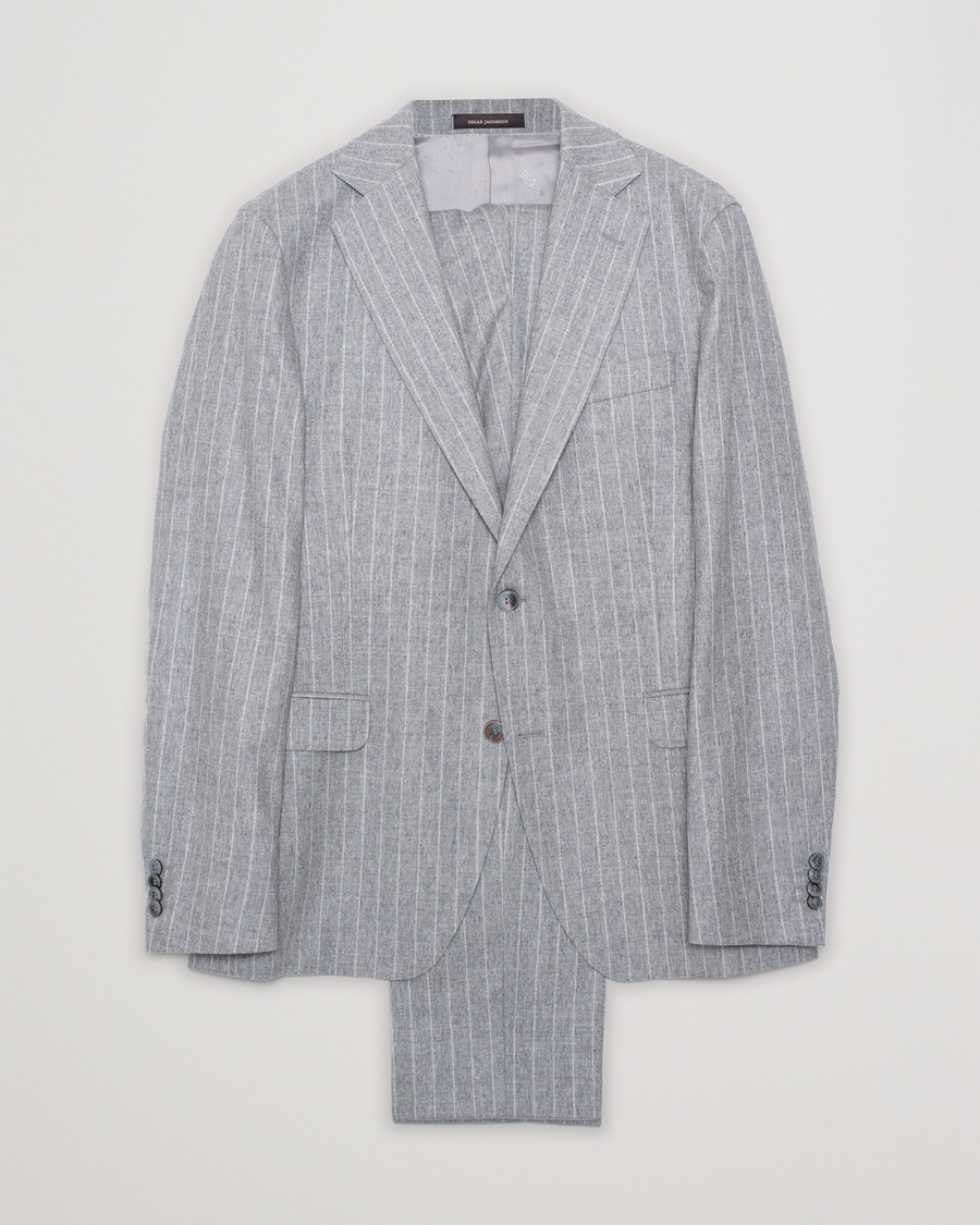 Uomini | Oscar Jacobson Ego Pinstripe Wool Flannel Suit Grey Melange | Pre-owned | Oscar Jacobson Ego Pinstripe Wool Flannel Suit Grey Melange