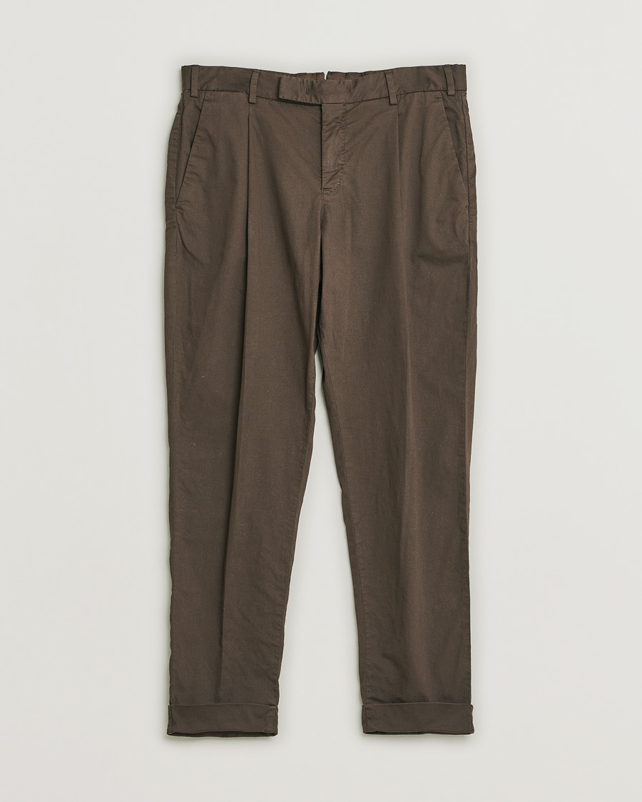 Uomini | PT01 Slim Fit Pleated Linen Blend Trousers Chocolate | Pre-owned | PT01 Slim Fit Pleated Linen Blend Trousers Chocolate