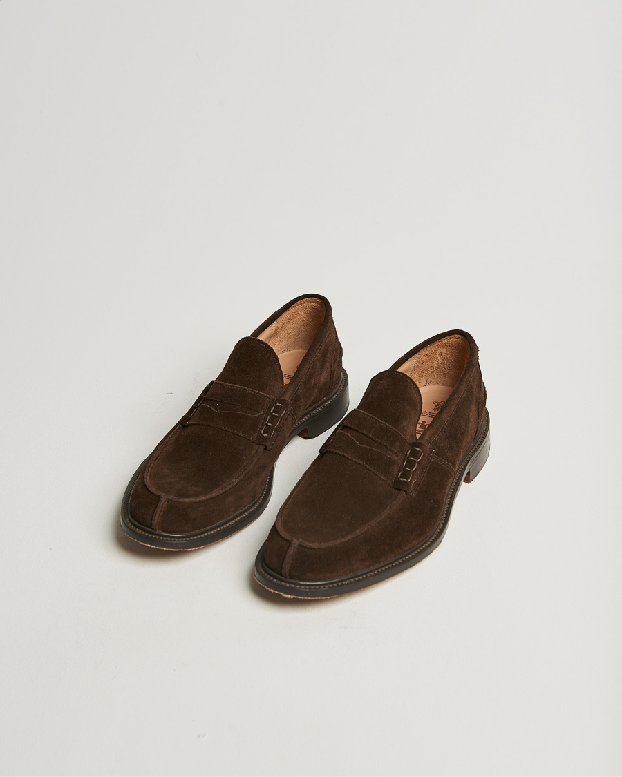 Uomini | Tricker's James Penny Loafers Chocolate Suede | Pre-owned | Tricker's James Penny Loafers Chocolate Suede