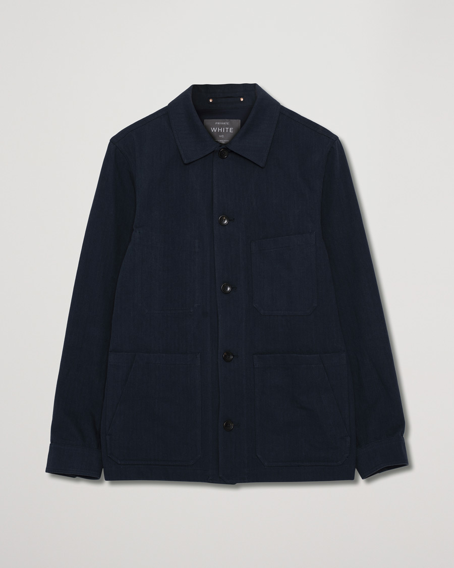 Uomini | Private White V.C. Herringbone Overshirt Navy 3 - S | Pre-owned | Private White V.C. Herringbone Overshirt Navy 3 - S