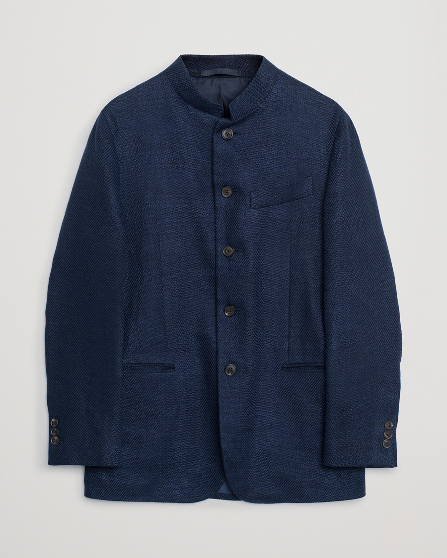 Uomini | Caruso Cotton/Linen Nehru Blazer Dark Blue 46 | Pre-owned | Caruso Cotton/Linen Nehru Blazer Dark Blue 46