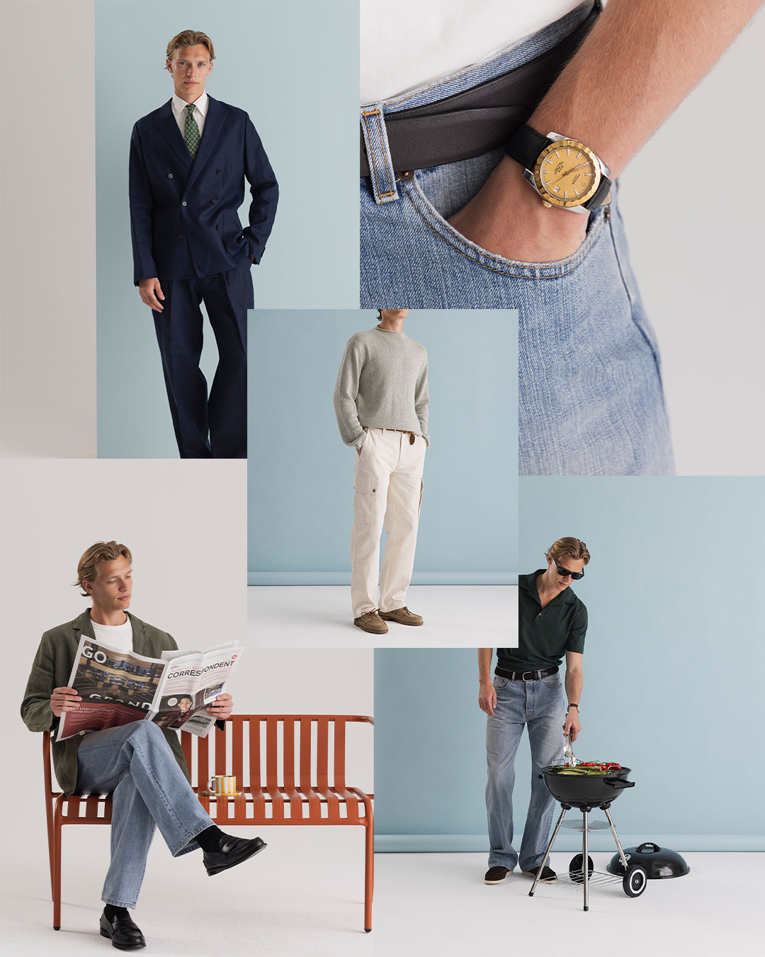 Collage di outfit estivi eleganti: abito, pantaloni chiari, jeans e un orologio d'oro