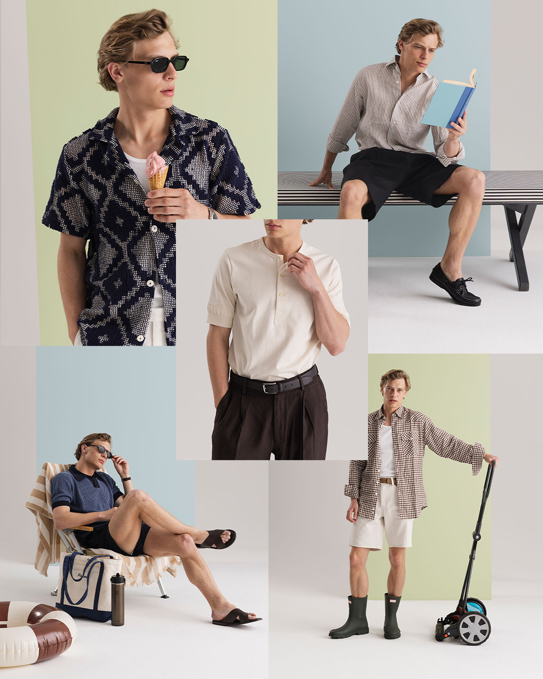 Collage di outfit estivi rilassati: camicia resort, shorts, henley e sandali