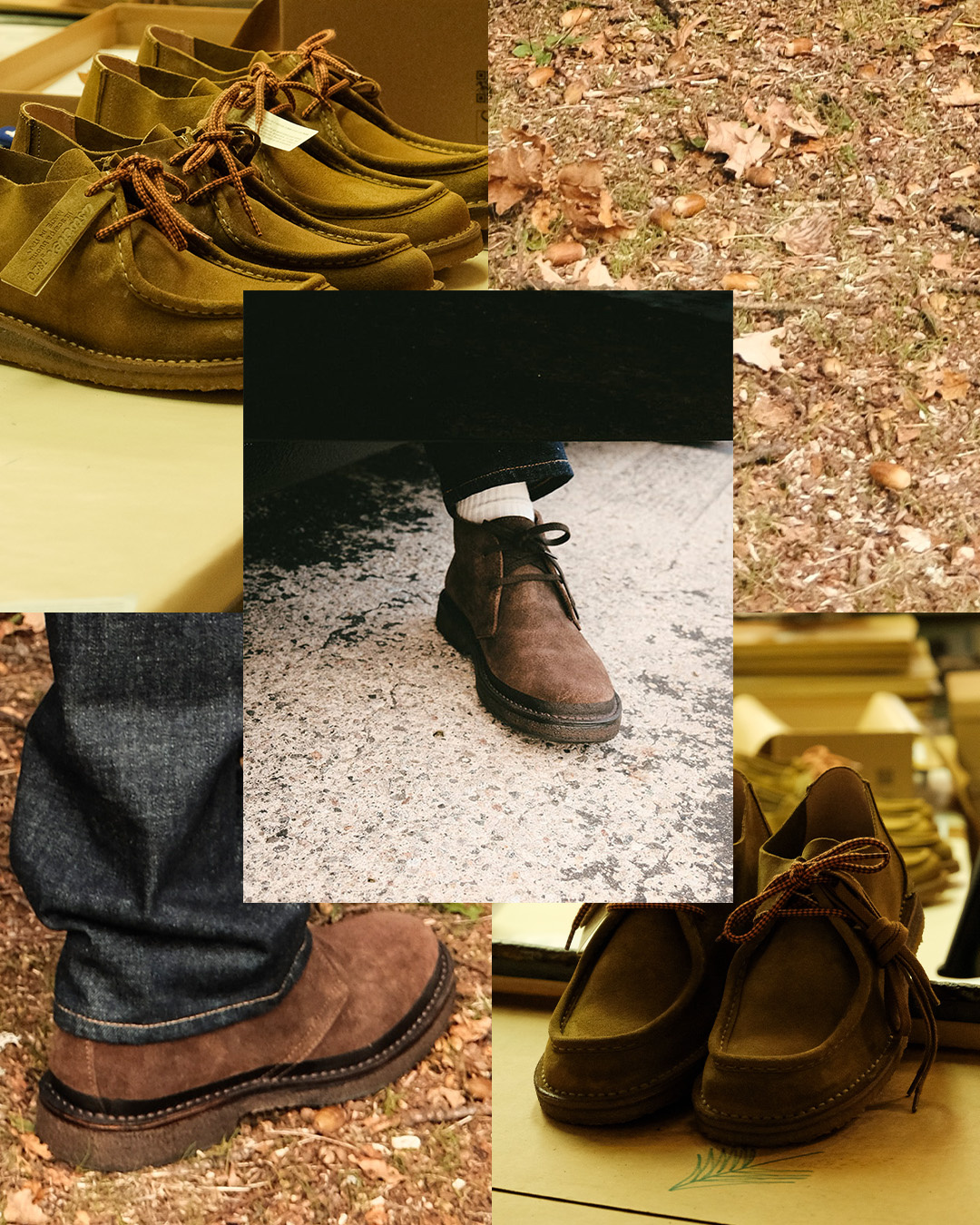 Collage di chukka boot in camoscio marrone e verde oliva, fotografati su foglie autunnali e in negozio
